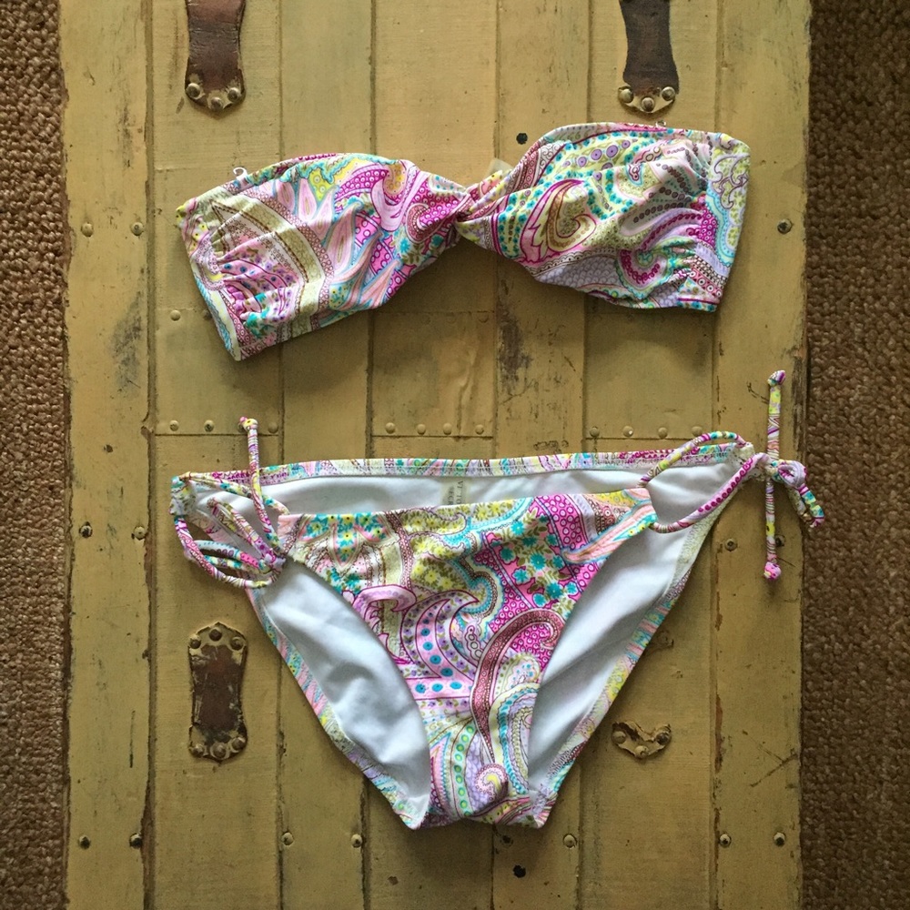 VICTORIA'S SECRET BIKINI SET Y2K PINK STRAPLESS PATTERN BIKINI SET S